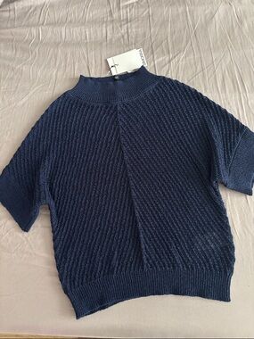 Navy Textured Short-Sleeve Knit Top